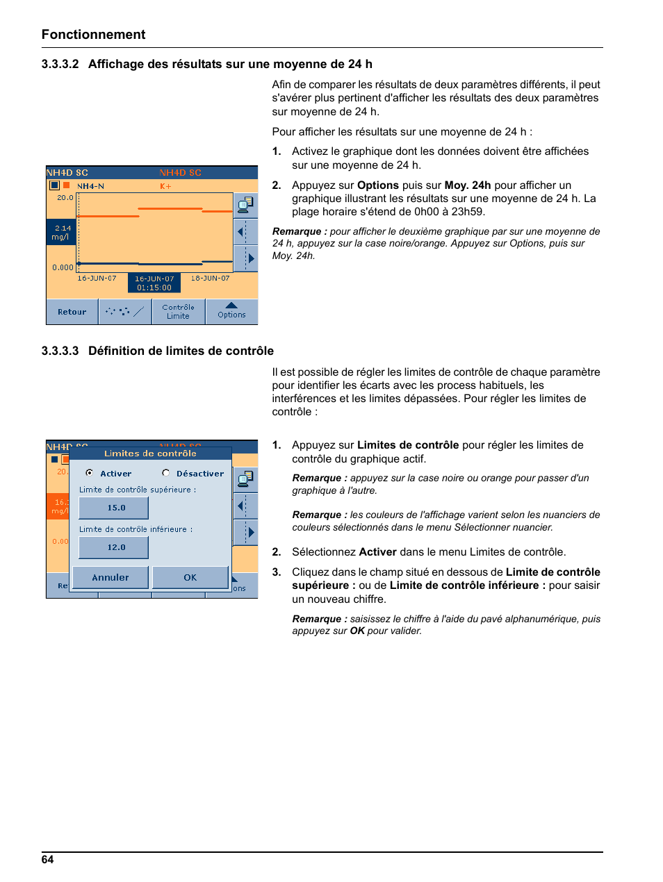 2 affichage des résultats sur une moyenne de 24 h, 3 définition de limites de contrôle, Fonctionnement | Hach-Lange DR 3800 Additional Software LINK2SC User Manual | Page 76 / 148