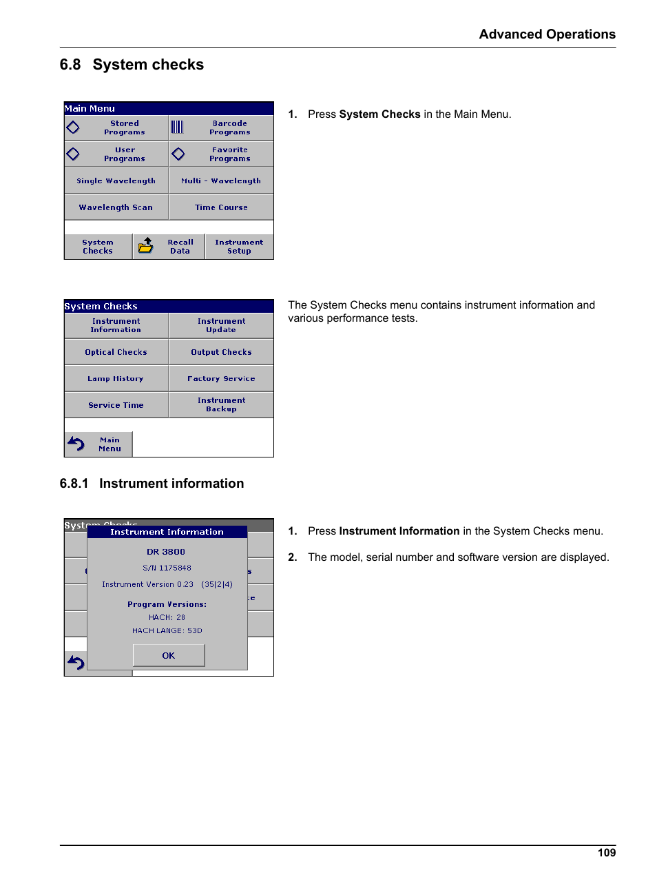 8 system checks, 1 instrument information | Hach-Lange DR 3800 User Manual User Manual | Page 109 / 152