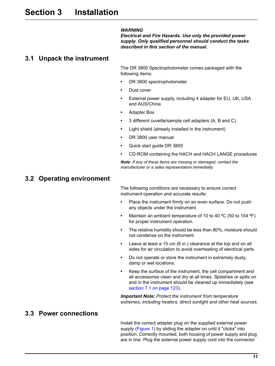 Section 3 installation, 1 unpack the instrument, 2 operating environment | 3 power connections, 1 unpack the instrument 3.2 operating environment, 3 pow | Hach-Lange DR 3800 User Manual User Manual | Page 11 / 152