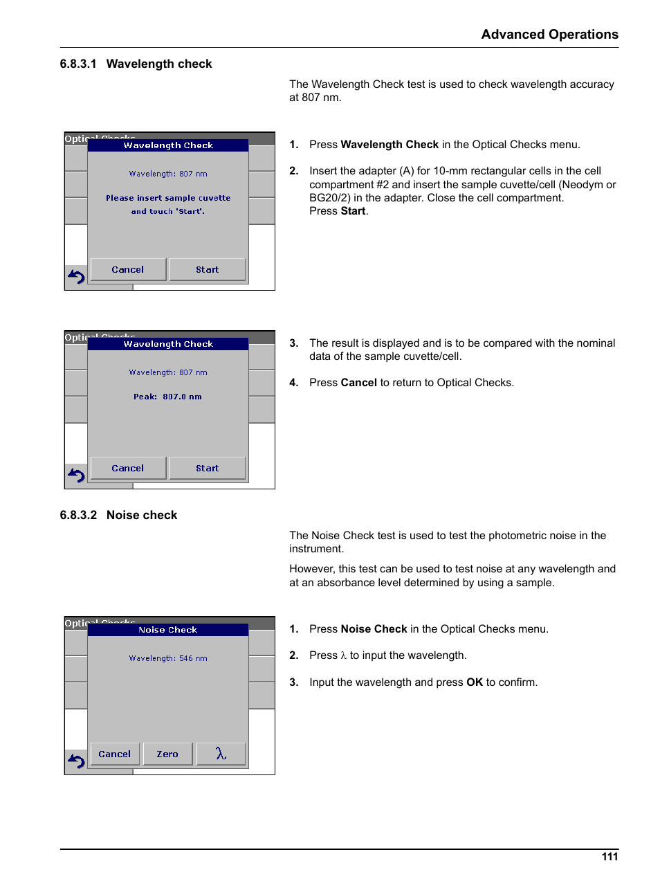 1 wavelength check, 2 noise check, 1 wavelength check 6.8.3.2 noise check | Advanced operations | Hach-Lange DR 3800 User Manual User Manual | Page 111 / 152