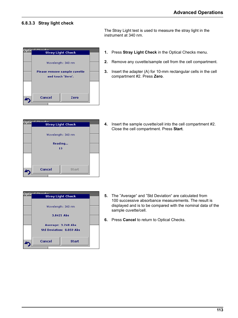 3 stray light check, Advanced operations | Hach-Lange DR 3800 User Manual User Manual | Page 113 / 152