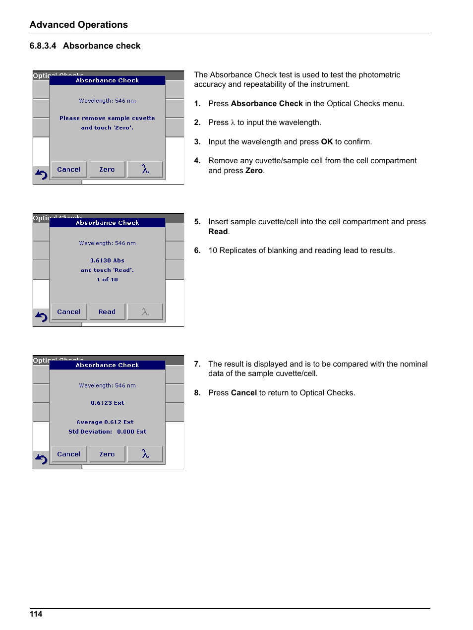 4 absorbance check, Advanced operations | Hach-Lange DR 3800 User Manual User Manual | Page 114 / 152