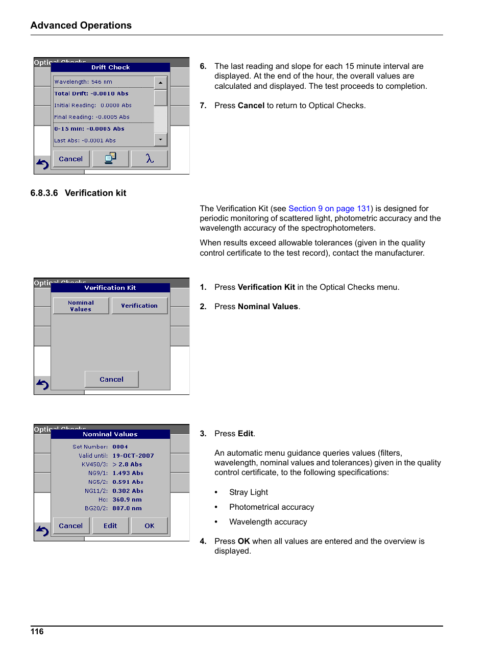 6 verification kit, Advanced operations | Hach-Lange DR 3800 User Manual User Manual | Page 116 / 152