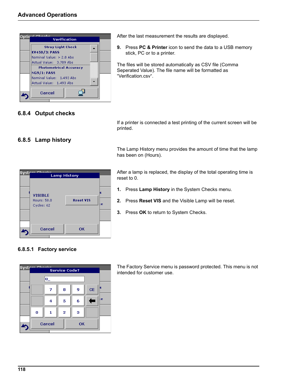 4 output checks, 5 lamp history, 1 factory service | 4 output checks 6.8.5 lamp history | Hach-Lange DR 3800 User Manual User Manual | Page 118 / 152