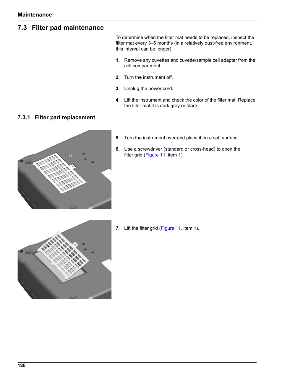 3 filter pad maintenance, 1 filter pad replacement | Hach-Lange DR 3800 User Manual User Manual | Page 126 / 152