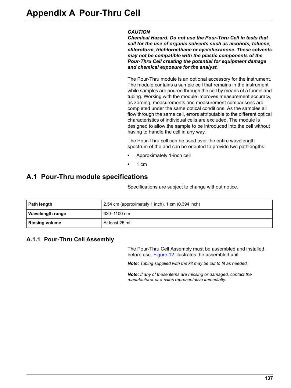 Appendix a pour-thru cell, A.1 pour-thru module specifications, A.1.1 pour-thru cell assembly | A.1 pour-thru module s | Hach-Lange DR 3800 User Manual User Manual | Page 137 / 152