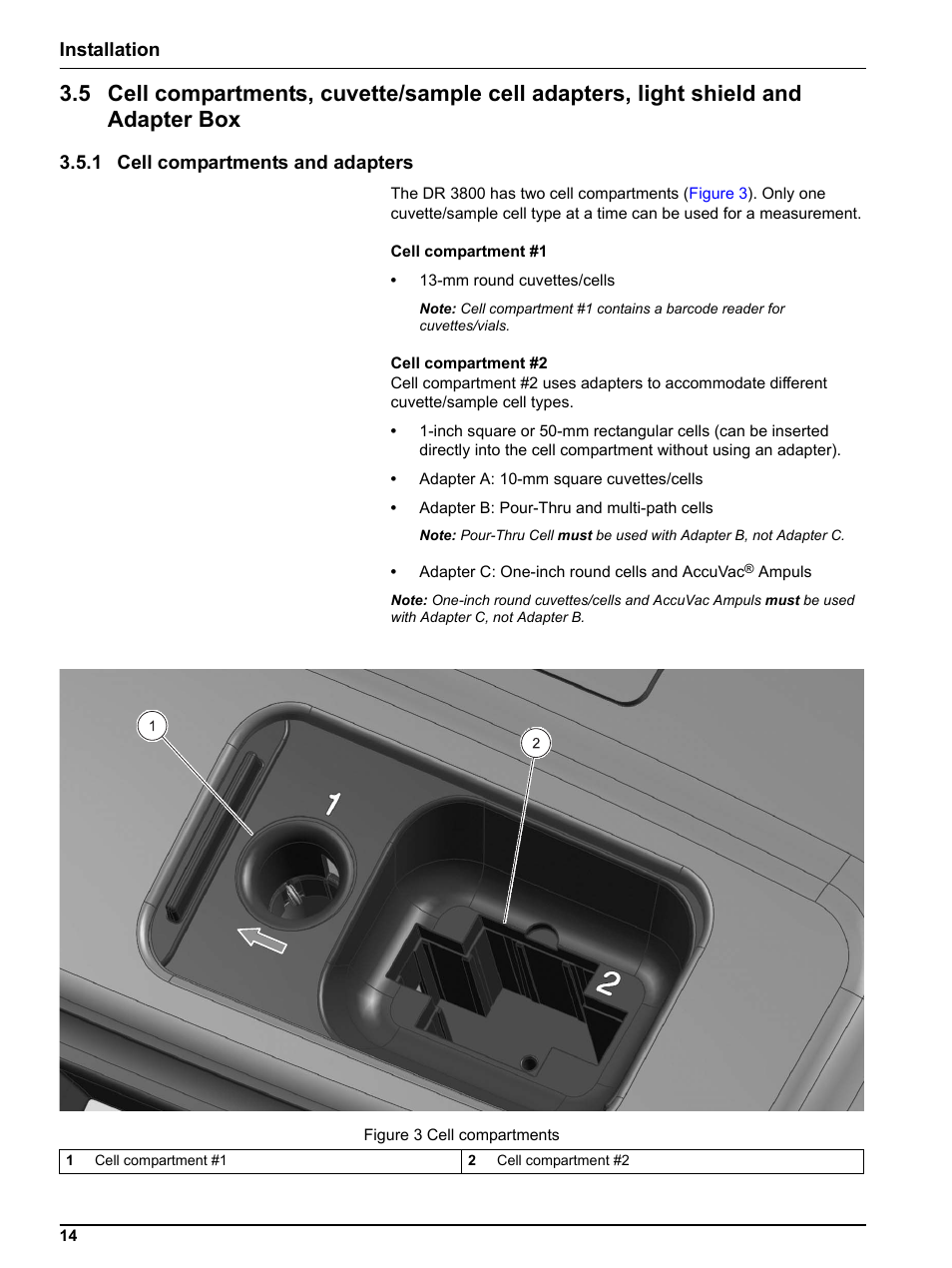 1 cell compartments and adapters, 1 cell c, Installation | Hach-Lange DR 3800 User Manual User Manual | Page 14 / 152