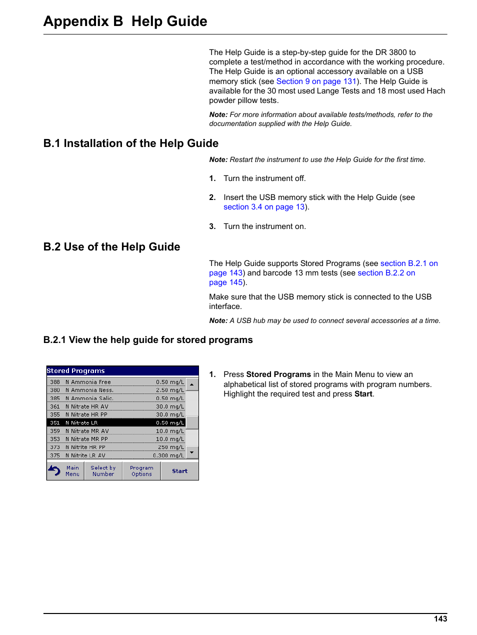 Appendix b help guide, B.1 installation of the help guide, B.2 use of the help guide | B.2.1 view the help guide for stored programs | Hach-Lange DR 3800 User Manual User Manual | Page 143 / 152