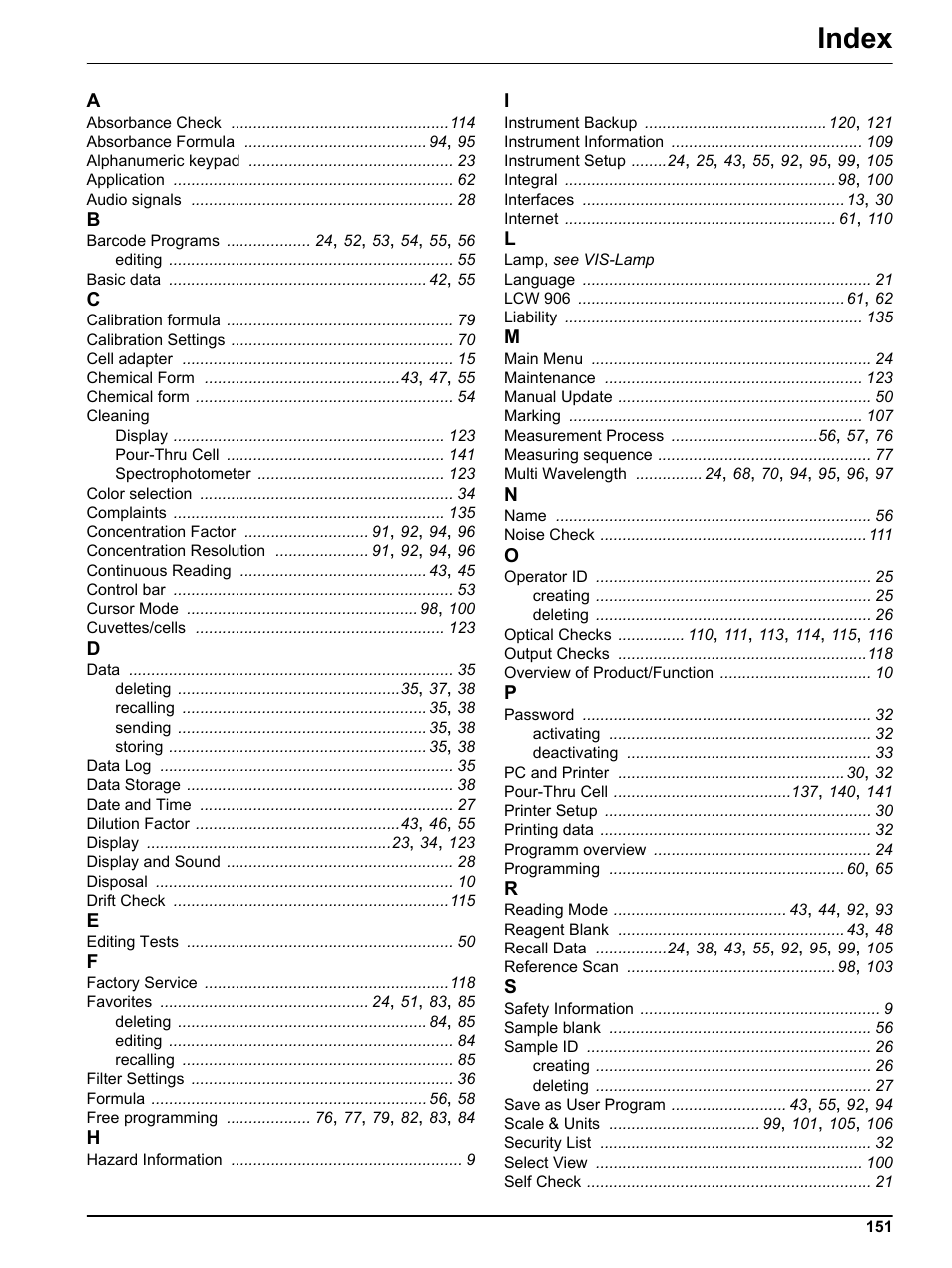 Index | Hach-Lange DR 3800 User Manual User Manual | Page 151 / 152
