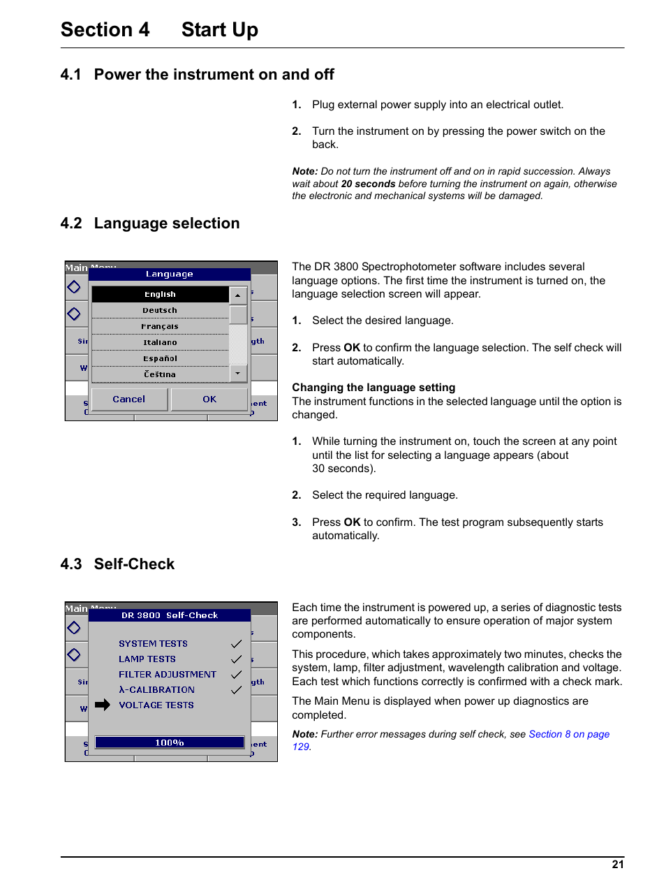 Section 4 start up, 1 power the instrument on and off, 2 language selection | 3 self-check | Hach-Lange DR 3800 User Manual User Manual | Page 21 / 152