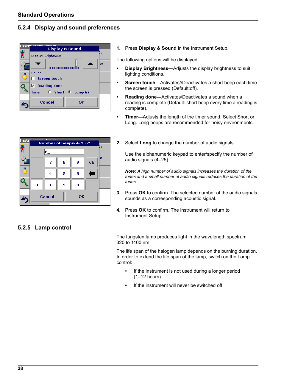 4 display and sound preferences, 5 lamp control, 4 display and sound preferences 5.2.5 lamp control | Hach-Lange DR 3800 User Manual User Manual | Page 28 / 152