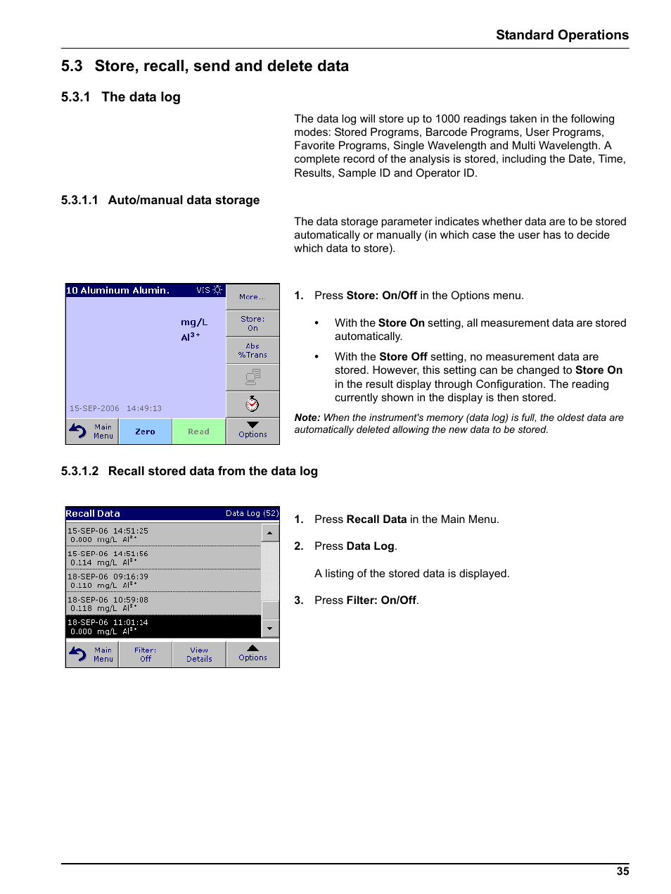 3 store, recall, send and delete data, 1 the data log, 1 auto/manual data storage | 2 recall stored data from the data log, 3 store, rec, 1 auto/manual data storage 5.3.1.2 recall s | Hach-Lange DR 3800 User Manual User Manual | Page 35 / 152