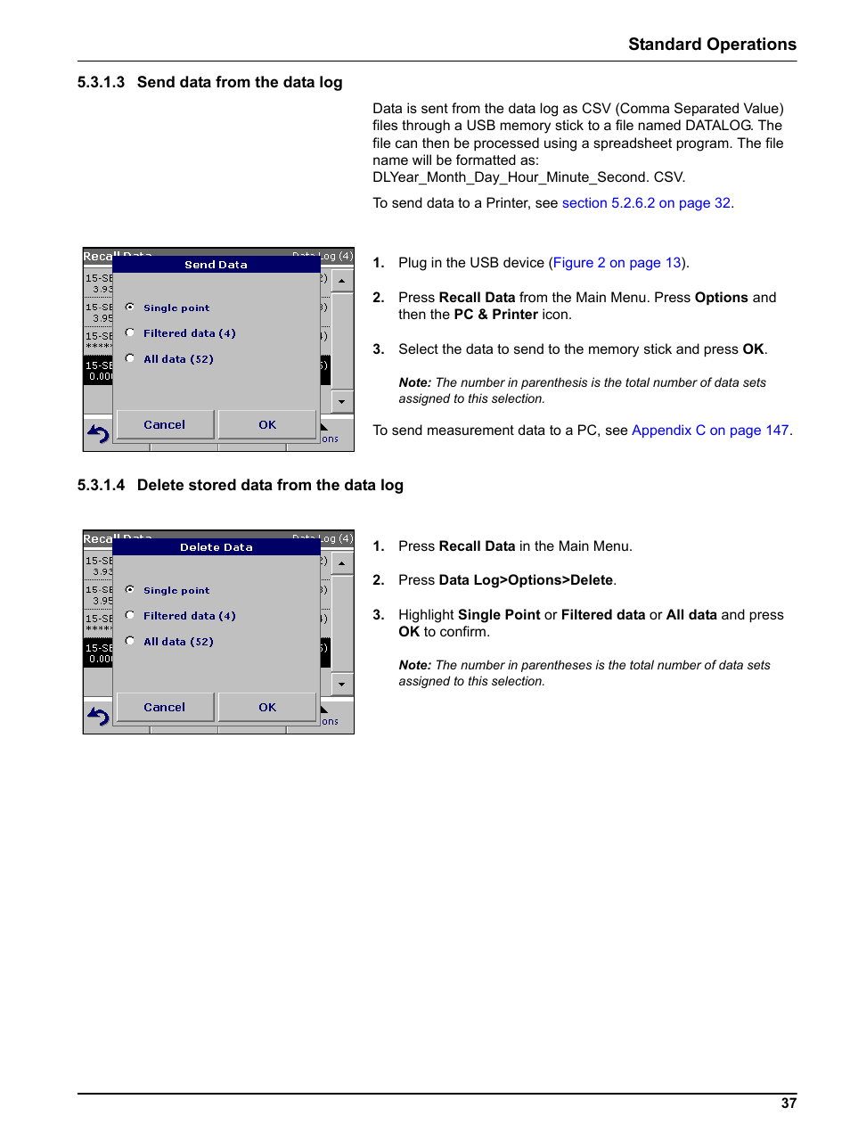 3 send data from the data log, 4 delete stored data from the data log, 3 send data from t | 4 delete st, Standard operations | Hach-Lange DR 3800 User Manual User Manual | Page 37 / 152