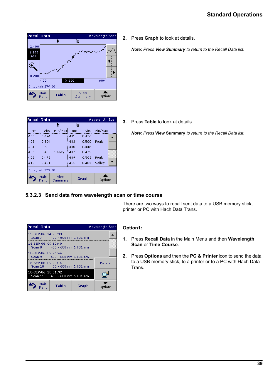 3 send data from wavelength scan or time course, 3 send data from w, Standard operations | Hach-Lange DR 3800 User Manual User Manual | Page 39 / 152