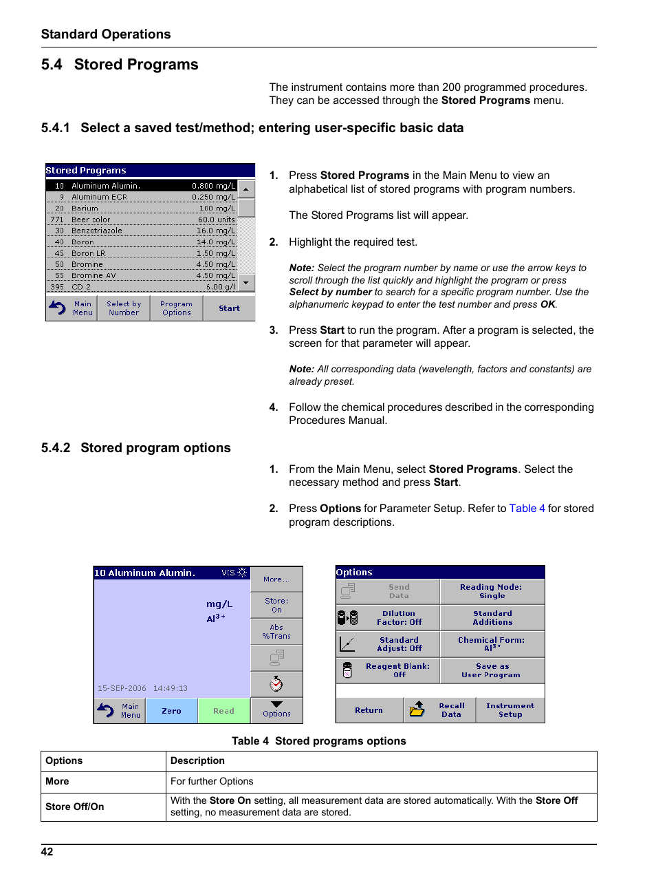 4 stored programs, 2 stored program options, 2 stored | Standard operations | Hach-Lange DR 3800 User Manual User Manual | Page 42 / 152