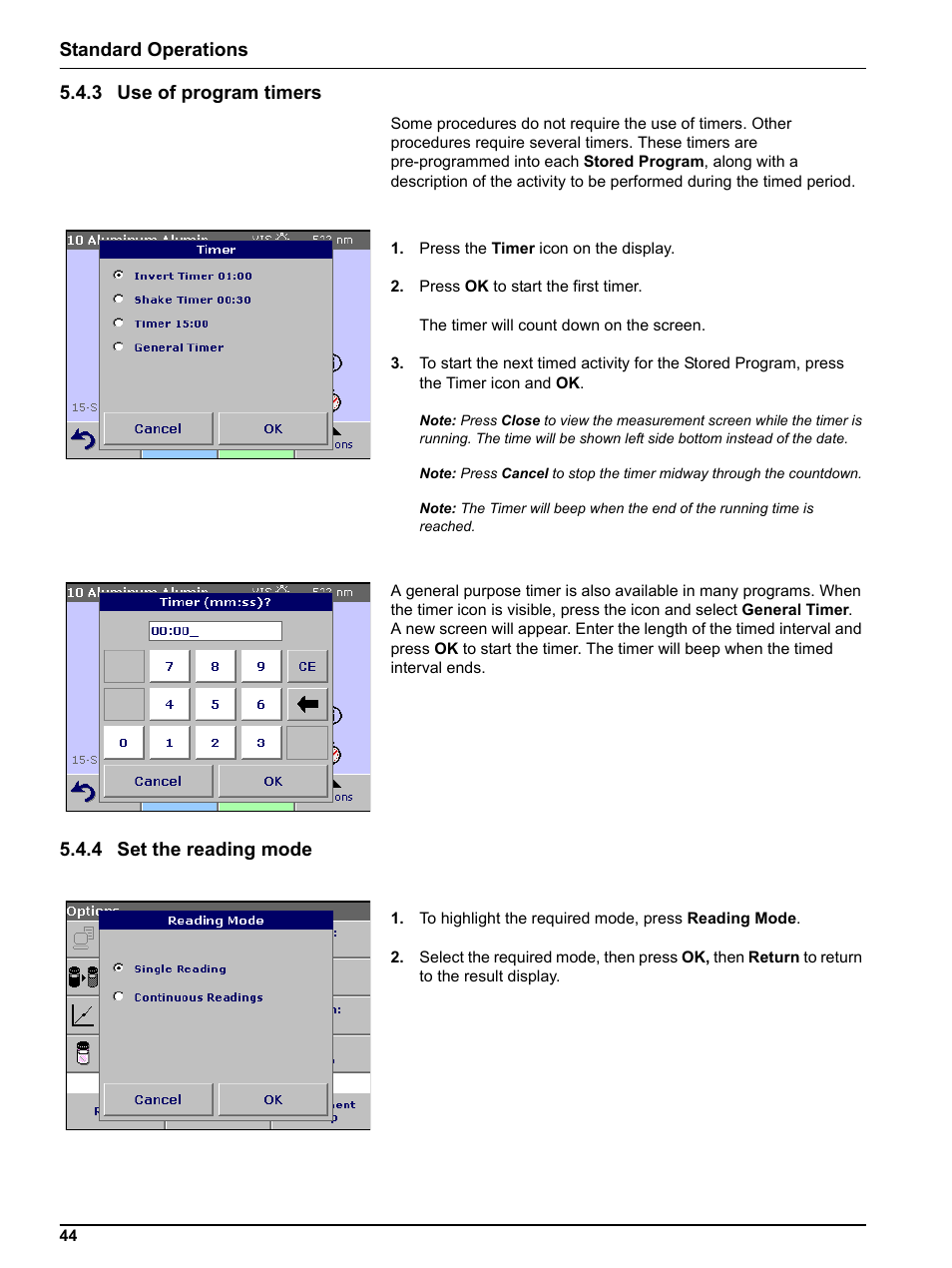 3 use of program timers, 4 set the reading mode, 3 use of program timers 5.4.4 set | Standard operations 5.4.3 use of program timers | Hach-Lange DR 3800 User Manual User Manual | Page 44 / 152