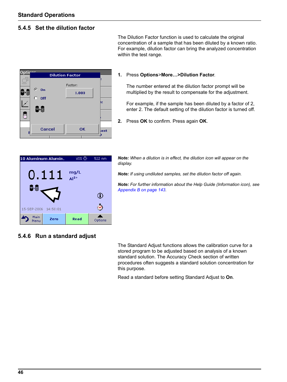 5 set the dilution factor, 6 run a standard adjust, 5 set | 6 run a, Standard operations 5.4.5 set the dilution factor | Hach-Lange DR 3800 User Manual User Manual | Page 46 / 152
