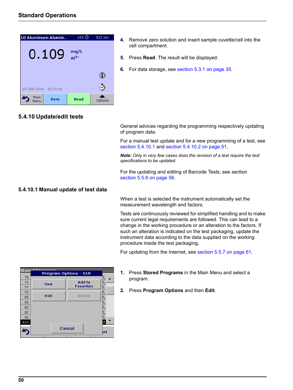10 update/edit tests, 1 manual update of test data, Standard operations | Hach-Lange DR 3800 User Manual User Manual | Page 50 / 152