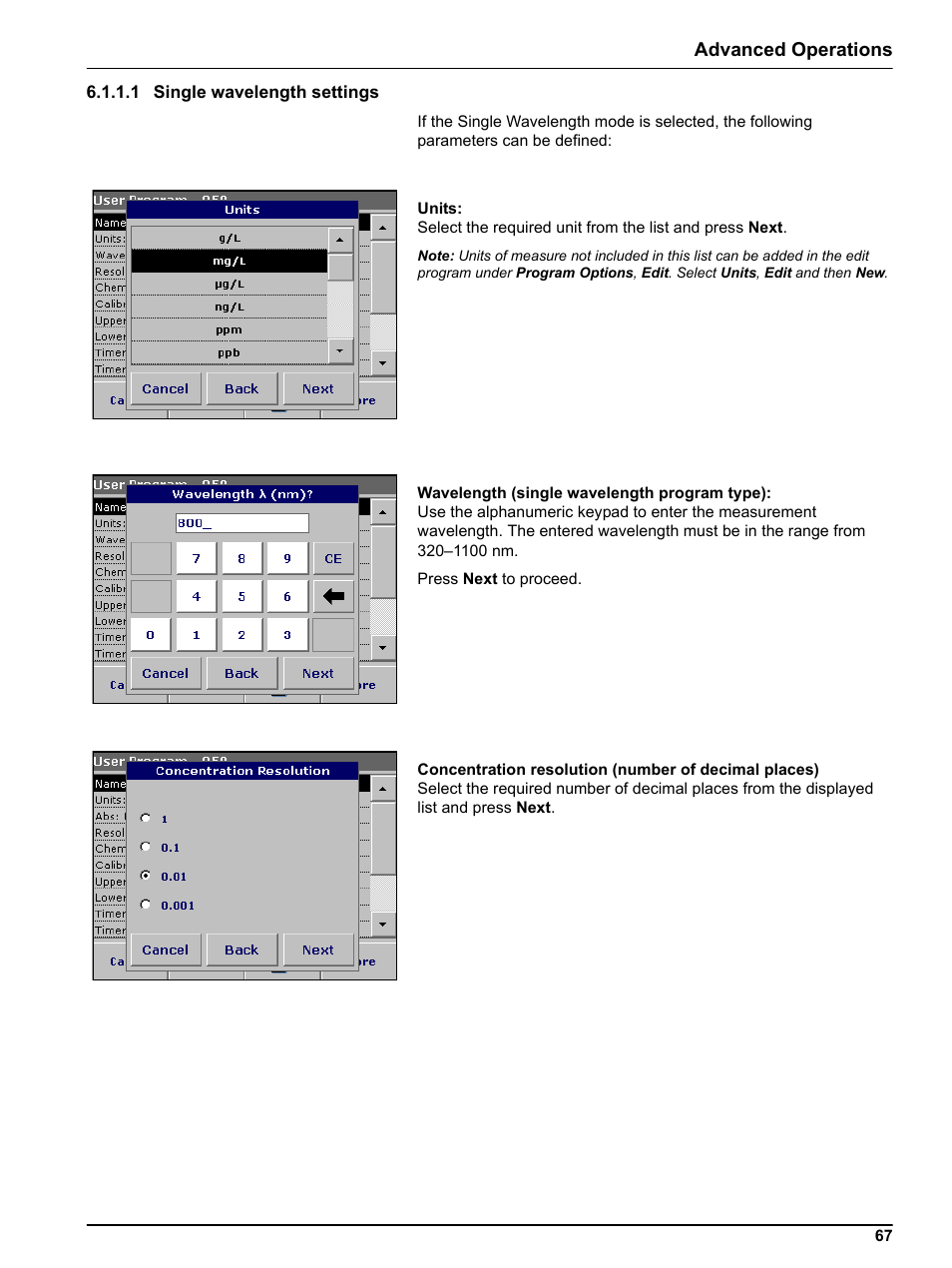1 single wavelength settings, Length | Hach-Lange DR 3800 User Manual User Manual | Page 67 / 152