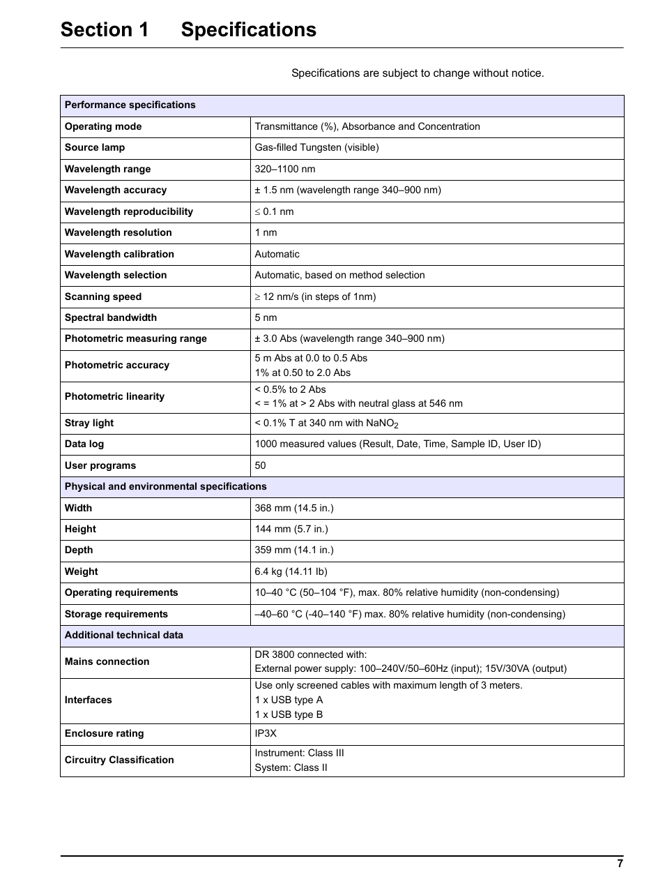 Section 1 specifications | Hach-Lange DR 3800 User Manual User Manual | Page 7 / 152