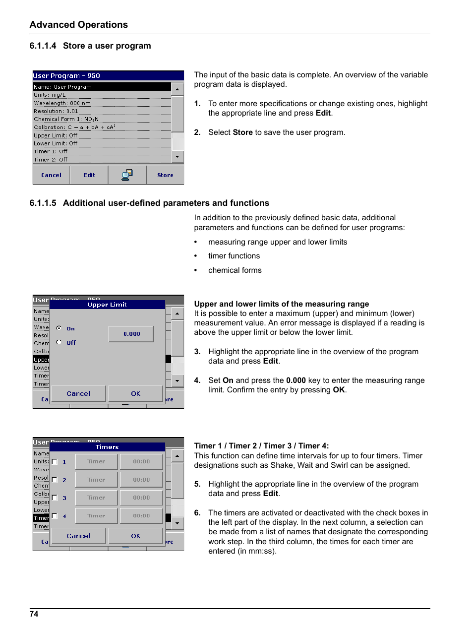 4 store a user program, 5 additional user-defined parameters and functions, Advanced operations | Hach-Lange DR 3800 User Manual User Manual | Page 74 / 152