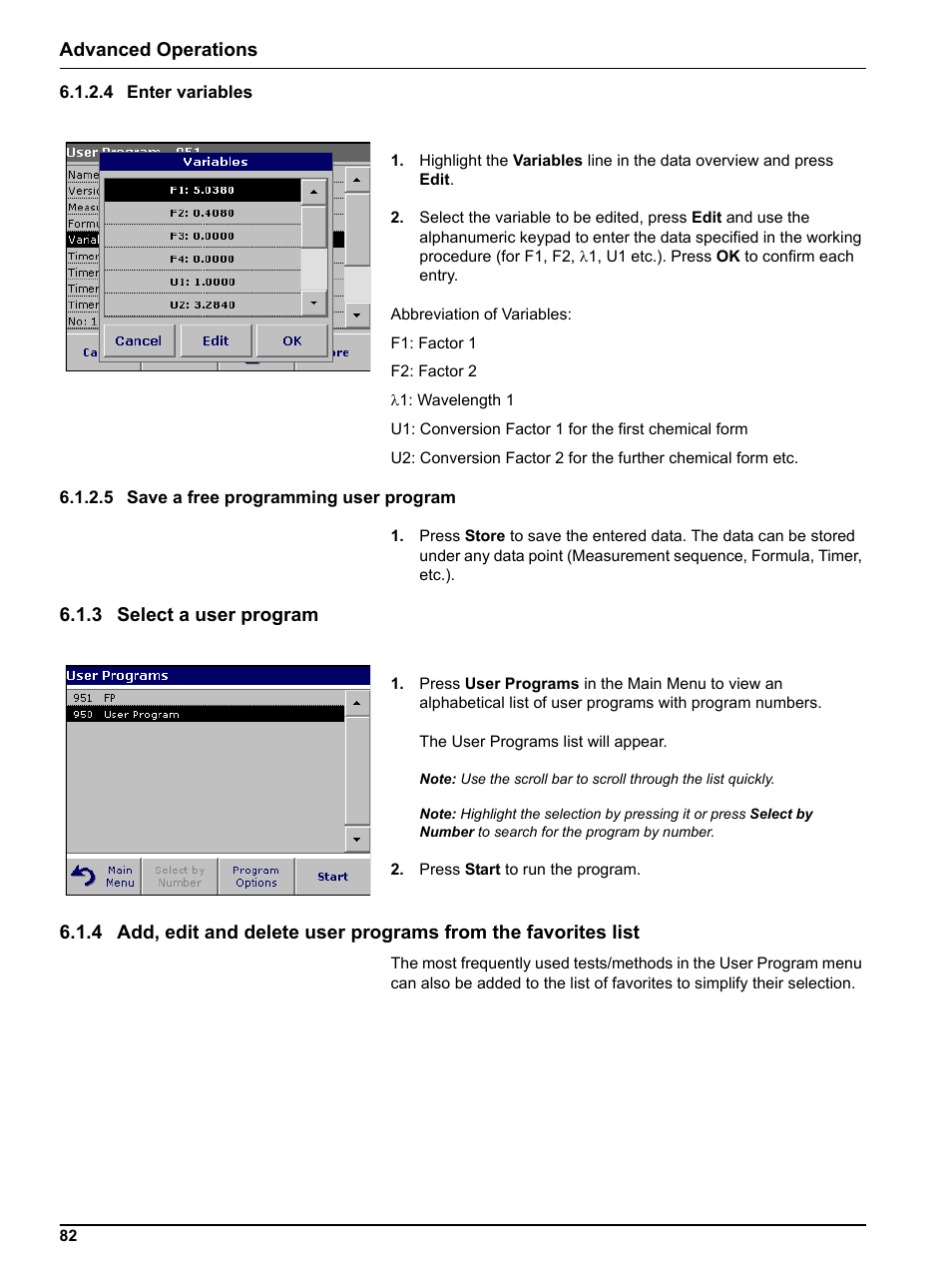 4 enter variables, 5 save a free programming user program, 3 select a user program | 3 select a user program 6.1.4, Advanced operations | Hach-Lange DR 3800 User Manual User Manual | Page 82 / 152