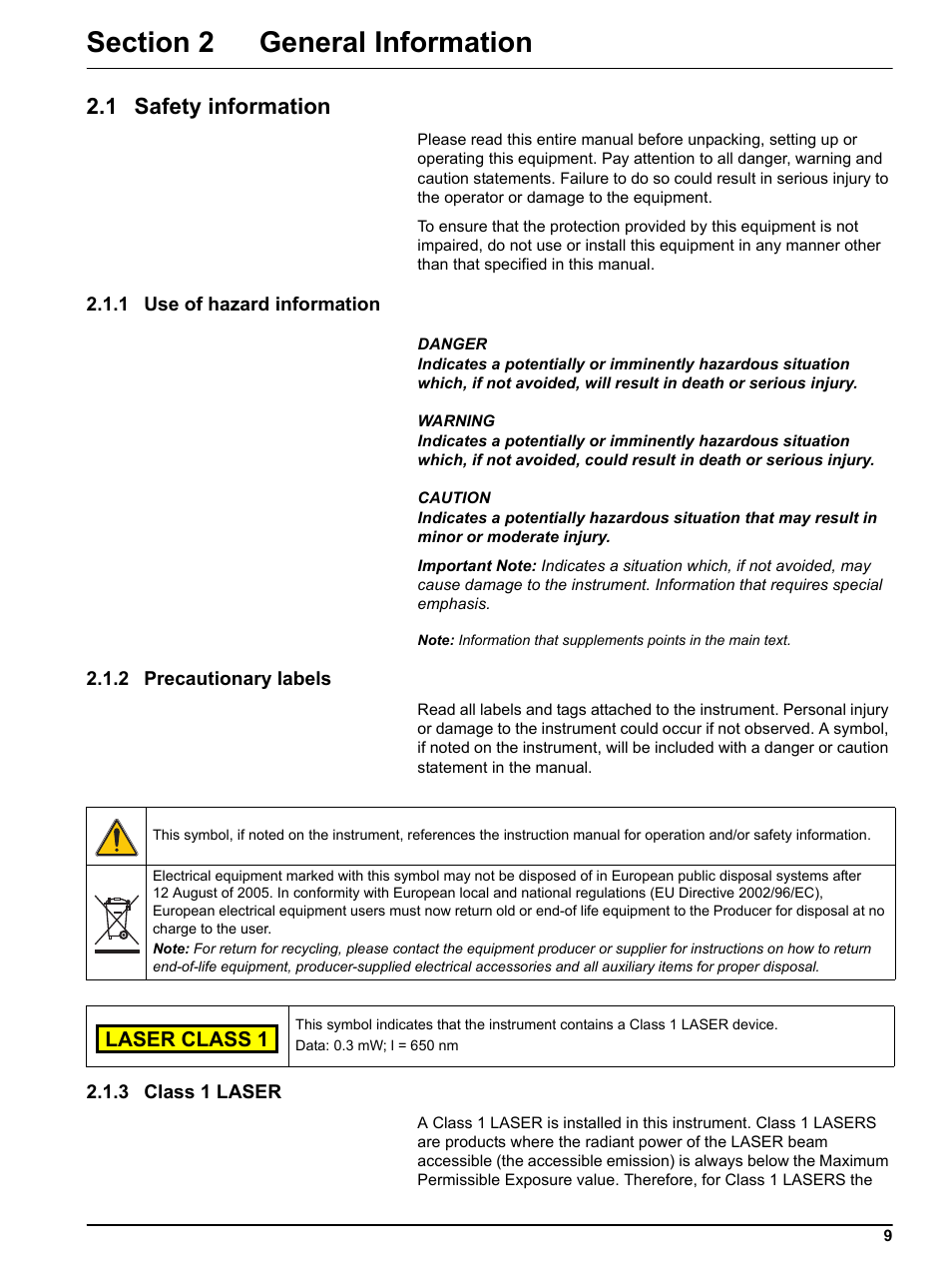 Section 2 general information, 1 safety information, 1 use of hazard information | 2 precautionary labels, 3 class 1 laser | Hach-Lange DR 3800 User Manual User Manual | Page 9 / 152