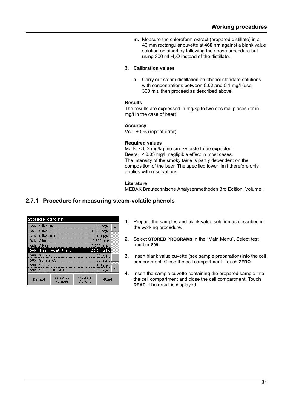 1 procedure for measuring steam-volatile phenols, Working procedures | Hach-Lange DR 5000 brewerie analysis, supplementary software LZV570 User Manual | Page 31 / 52