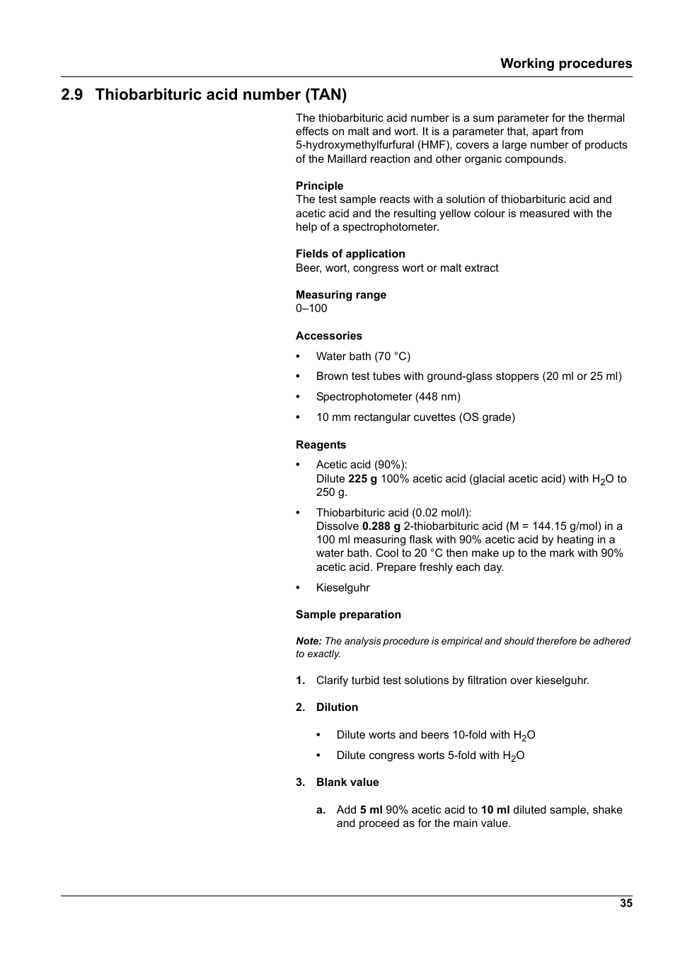 9 thiobarbituric acid number (tan), Working procedures | Hach-Lange DR 5000 brewerie analysis, supplementary software LZV570 User Manual | Page 35 / 52