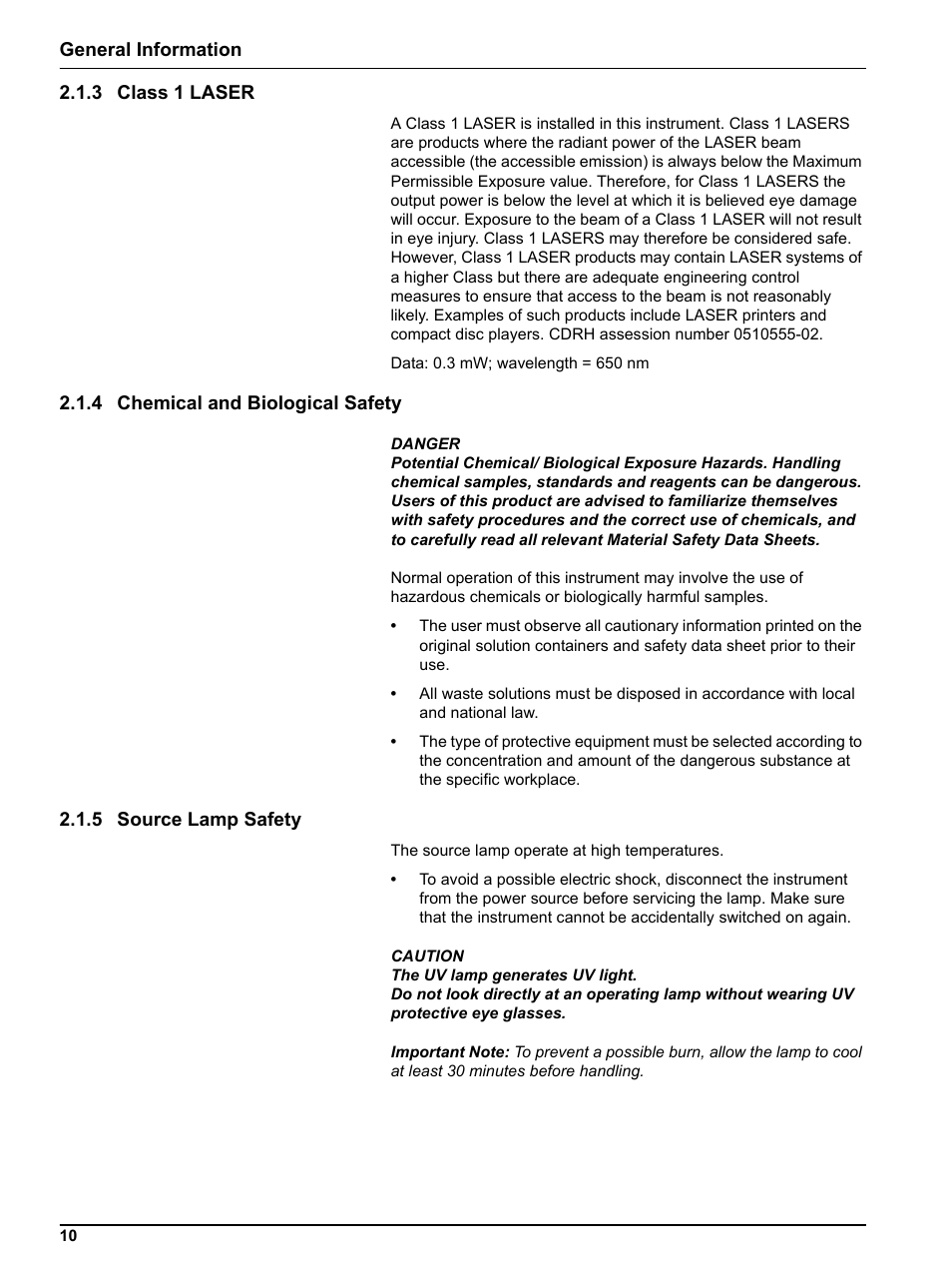 3 class 1 laser, 4 chemical and biological safety, 5 source lamp safety | Hach-Lange DR 5000 User Manual User Manual | Page 10 / 140