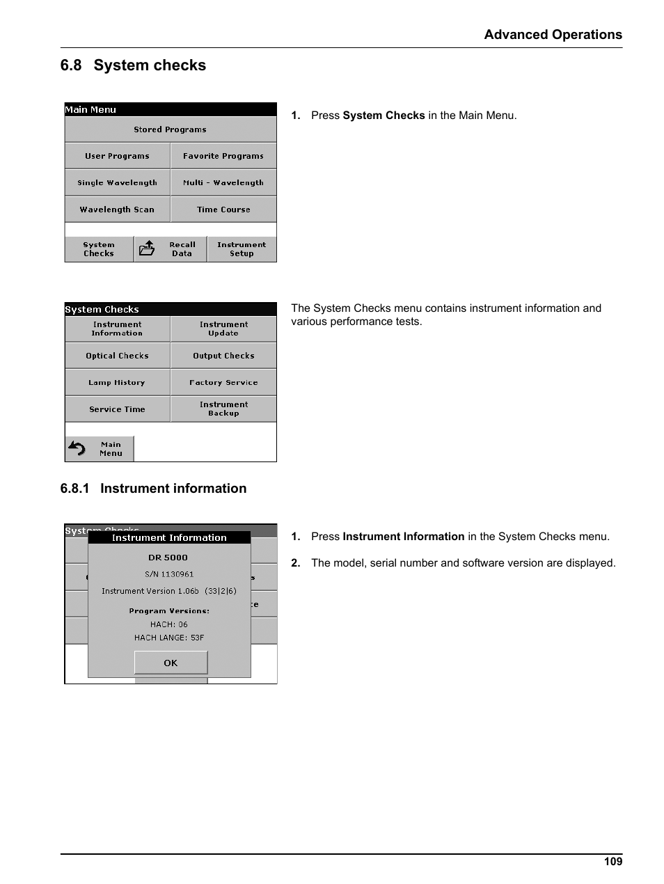 8 system checks, 1 instrument information | Hach-Lange DR 5000 User Manual User Manual | Page 109 / 140