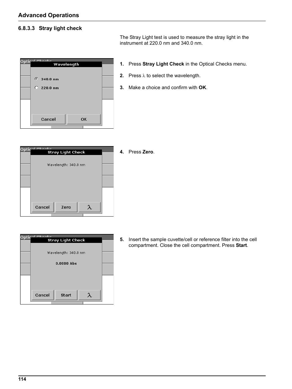 3 stray light check, Advanced operations | Hach-Lange DR 5000 User Manual User Manual | Page 114 / 140