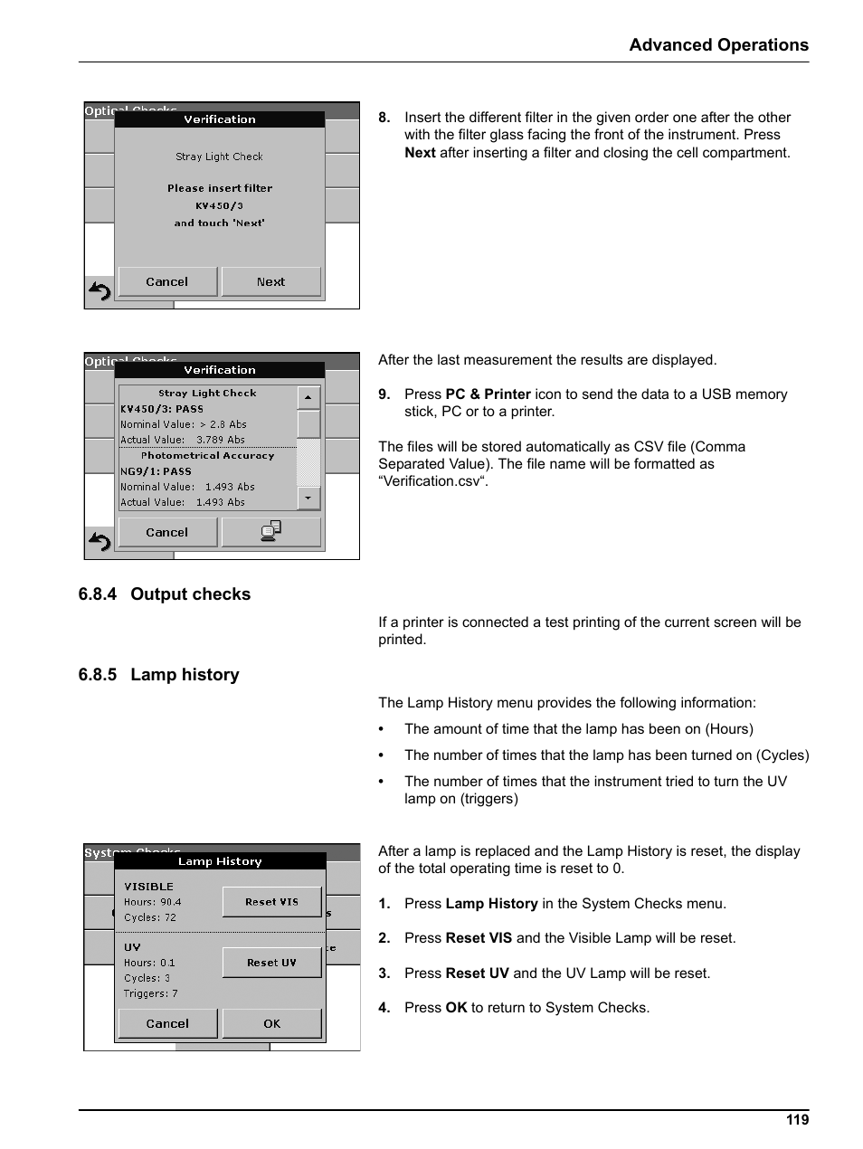 4 output checks, 5 lamp history, 4 output checks 6.8.5 lamp history | Advanced operations | Hach-Lange DR 5000 User Manual User Manual | Page 119 / 140