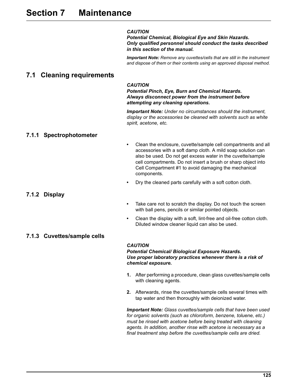 Section 7 maintenance, 1 cleaning requirements, 1 spectrophotometer | 2 display, 3 cuvettes/sample cells | Hach-Lange DR 5000 User Manual User Manual | Page 125 / 140
