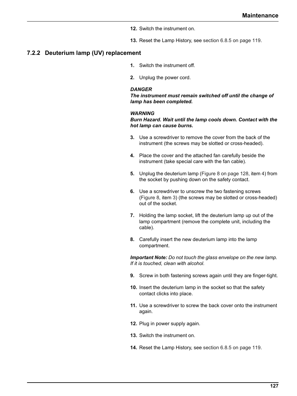 2 deuterium lamp (uv) replacement, Maintenance | Hach-Lange DR 5000 User Manual User Manual | Page 127 / 140