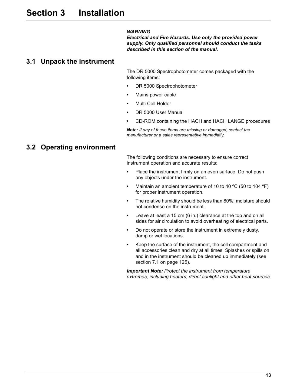 Section 3 installation, 1 unpack the instrument, 2 operating environment | 1 unpack the instrument 3.2 operating environment | Hach-Lange DR 5000 User Manual User Manual | Page 13 / 140