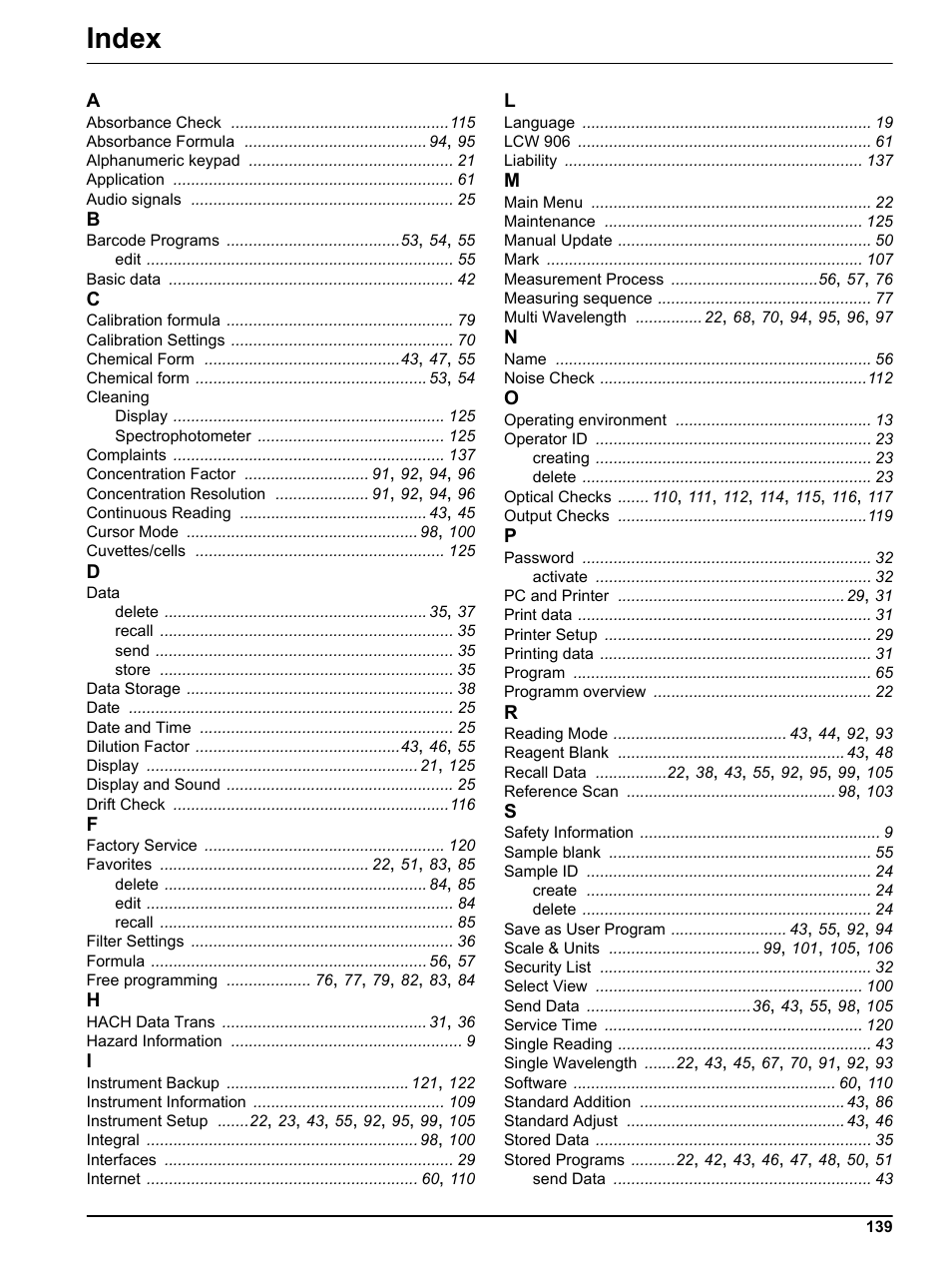 Index | Hach-Lange DR 5000 User Manual User Manual | Page 139 / 140