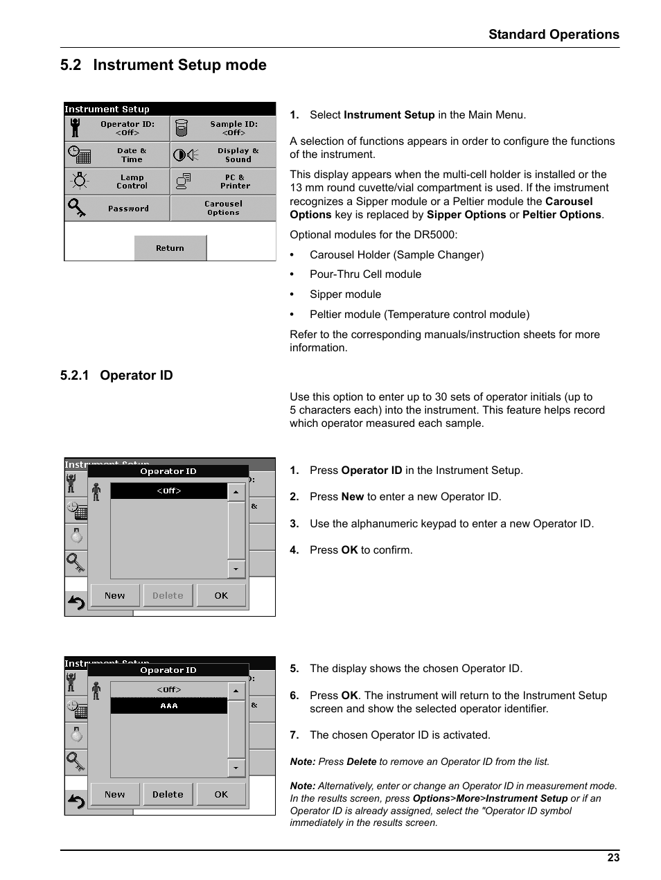 2 instrument setup mode, 1 operator id, Standard operations | Hach-Lange DR 5000 User Manual User Manual | Page 23 / 140