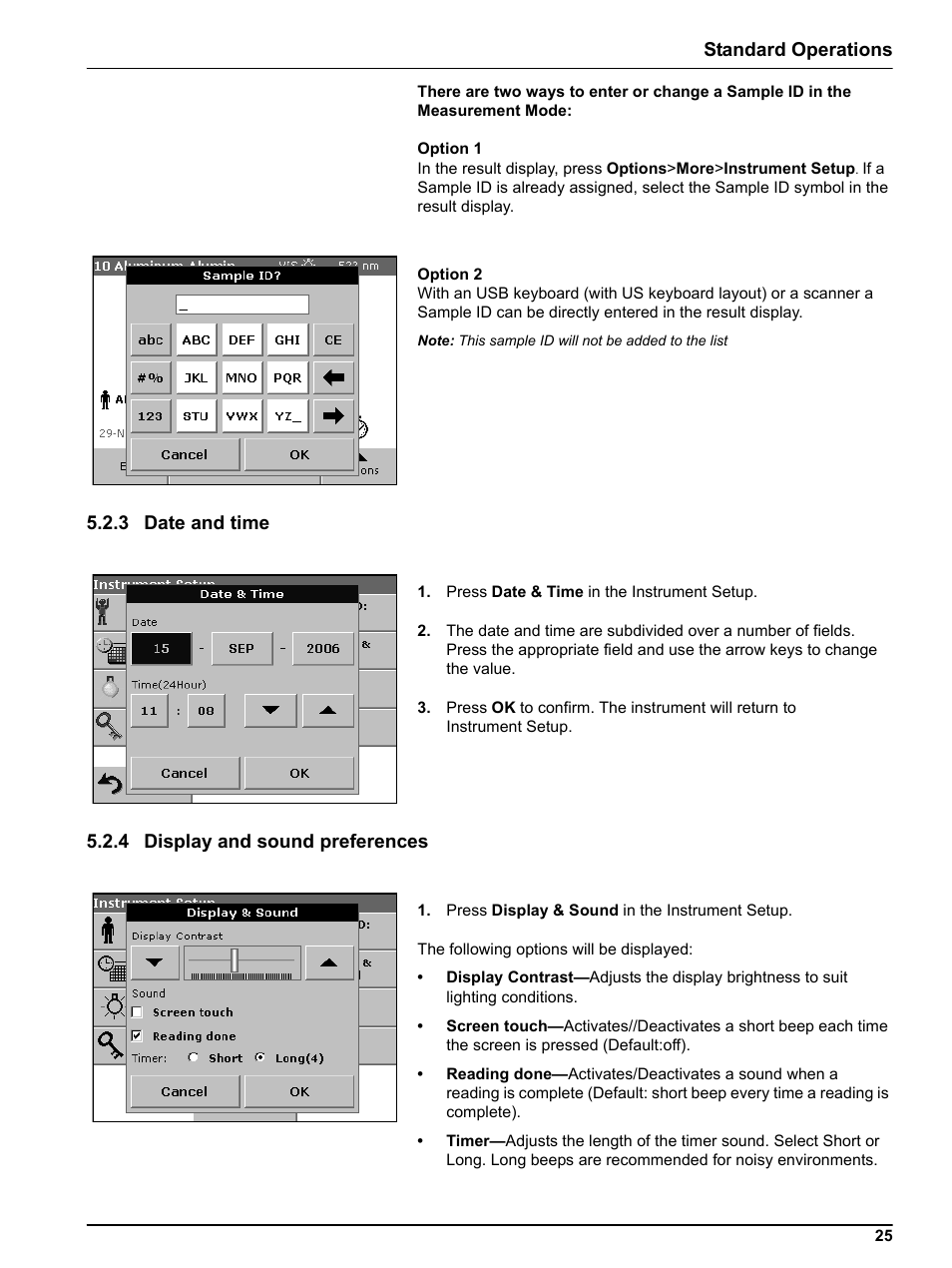3 date and time, 4 display and sound preferences, Standard operations | Hach-Lange DR 5000 User Manual User Manual | Page 25 / 140