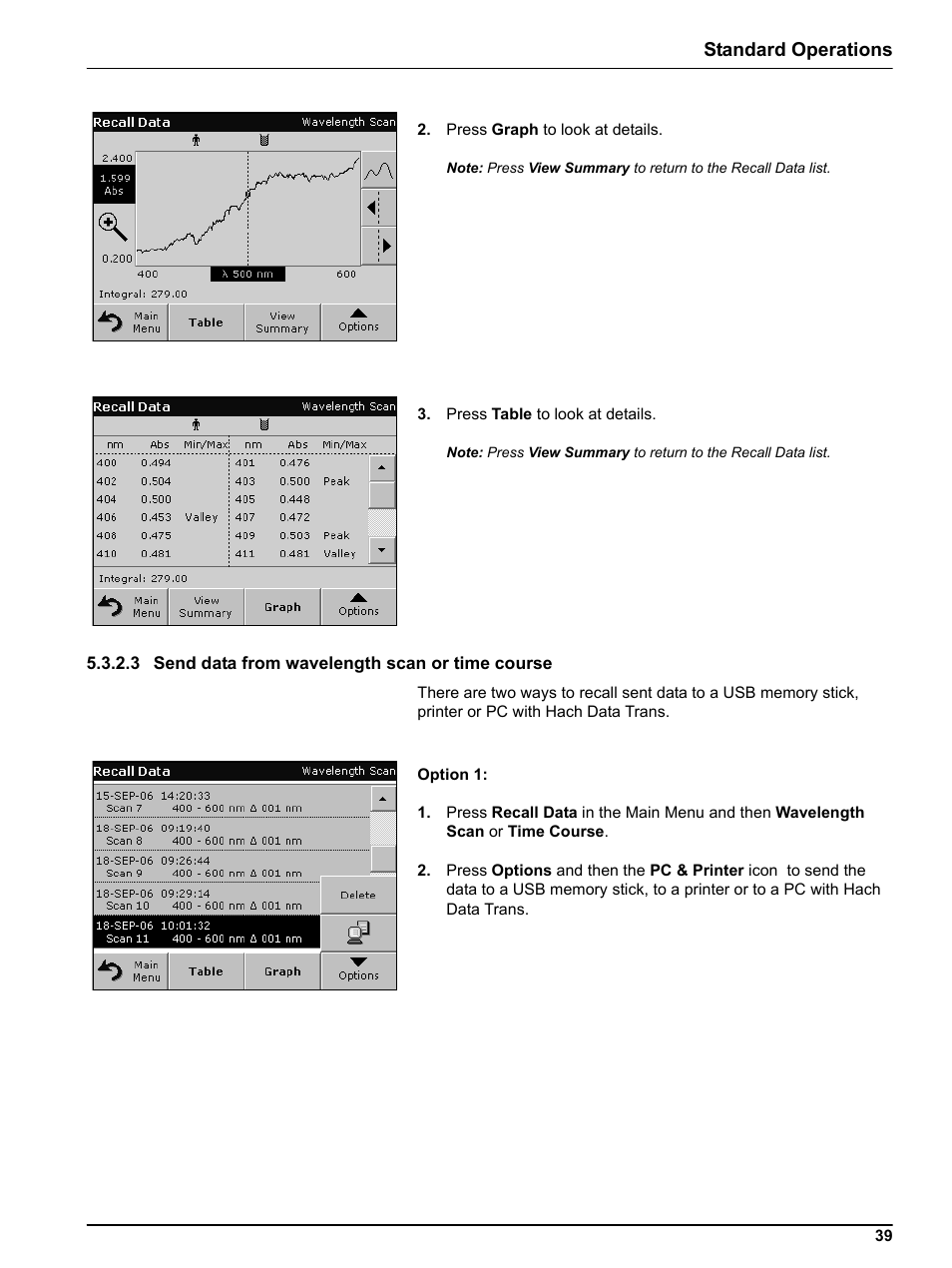 3 send data from wavelength scan or time course, 3 send data from w, Standard operations | Hach-Lange DR 5000 User Manual User Manual | Page 39 / 140