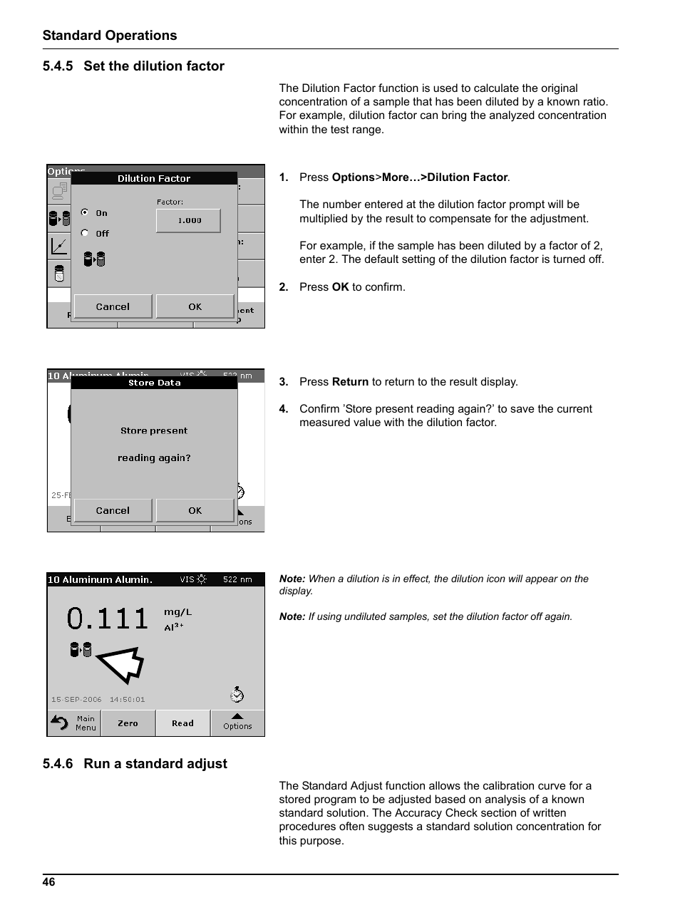5 set the dilution factor, 6 run a standard adjust, 5 set | 6 run a | Hach-Lange DR 5000 User Manual User Manual | Page 46 / 140