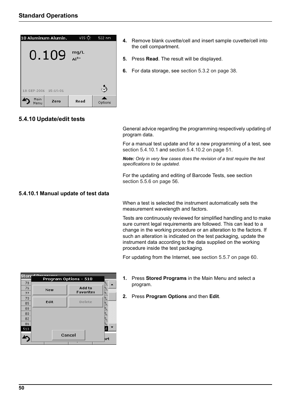 10 update/edit tests, 1 manual update of test data, Standard operations | Hach-Lange DR 5000 User Manual User Manual | Page 50 / 140