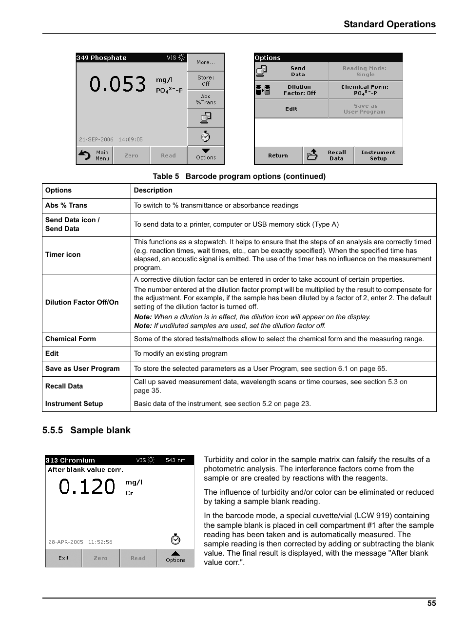 5 sample blank, Standard operations 5.5.5 sample blank | Hach-Lange DR 5000 User Manual User Manual | Page 55 / 140