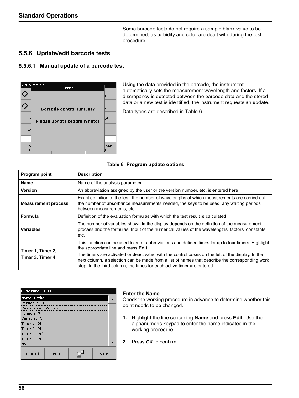 6 update/edit barcode tests, 1 manual update of a barcode test, 6 update/edit | Standard operations | Hach-Lange DR 5000 User Manual User Manual | Page 56 / 140