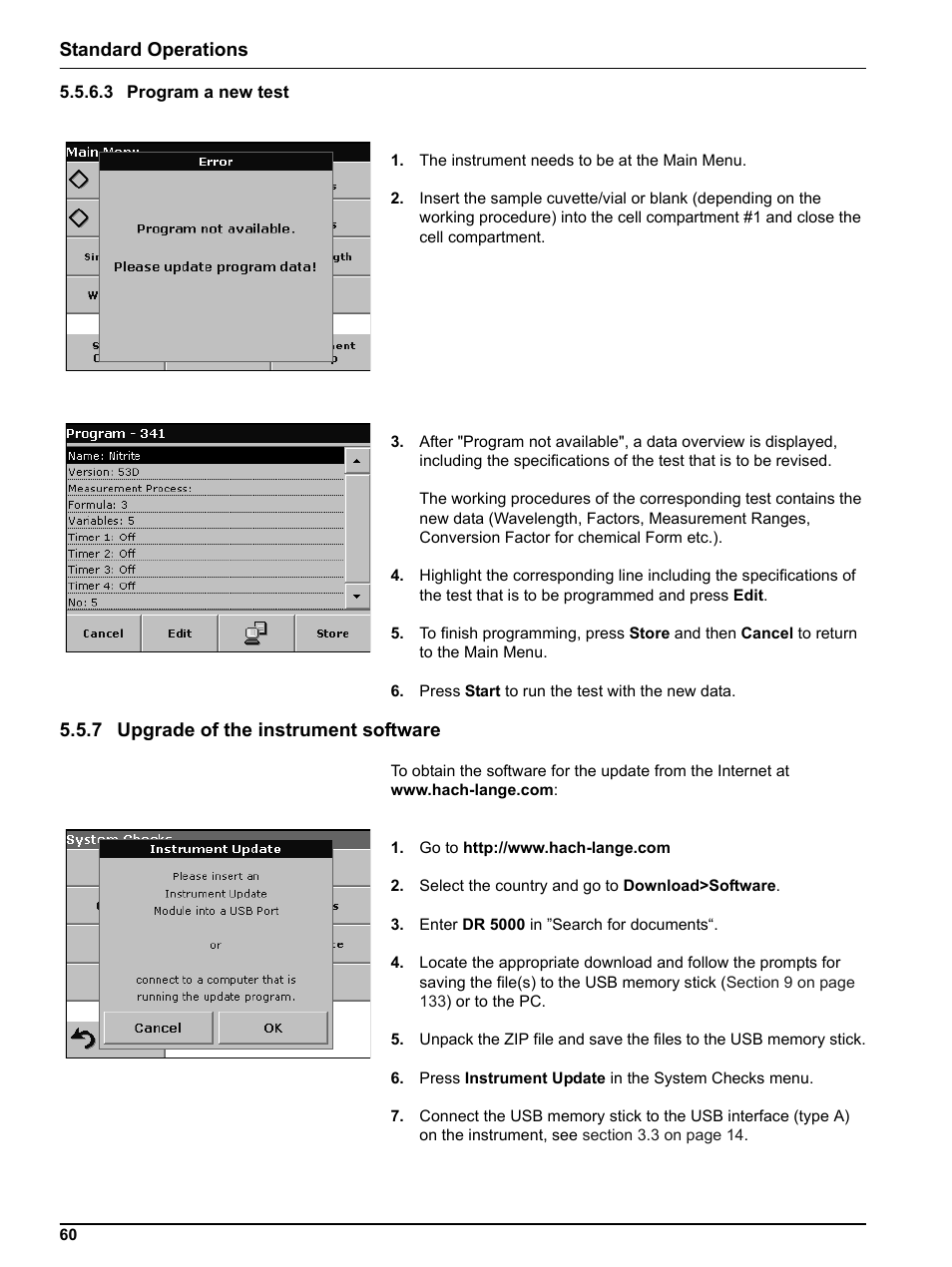 3 program a new test, 7 upgrade of the instrument software, 3 program a new tes | 7 upgrade, Standard operations | Hach-Lange DR 5000 User Manual User Manual | Page 60 / 140