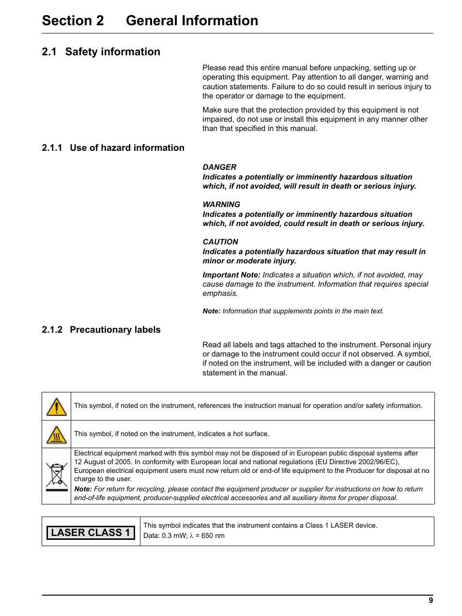Section 2 general information, 1 safety information, 1 use of hazard information | 2 precautionary labels | Hach-Lange DR 5000 User Manual User Manual | Page 9 / 140