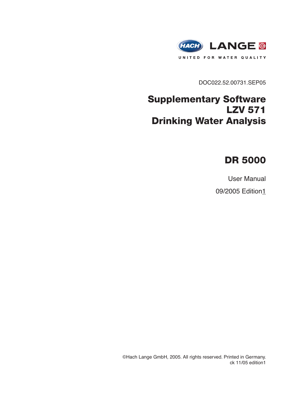 Hach-Lange DR 5000 drinking water analysis, supplementary software LZV571 User Manual | 20 pages