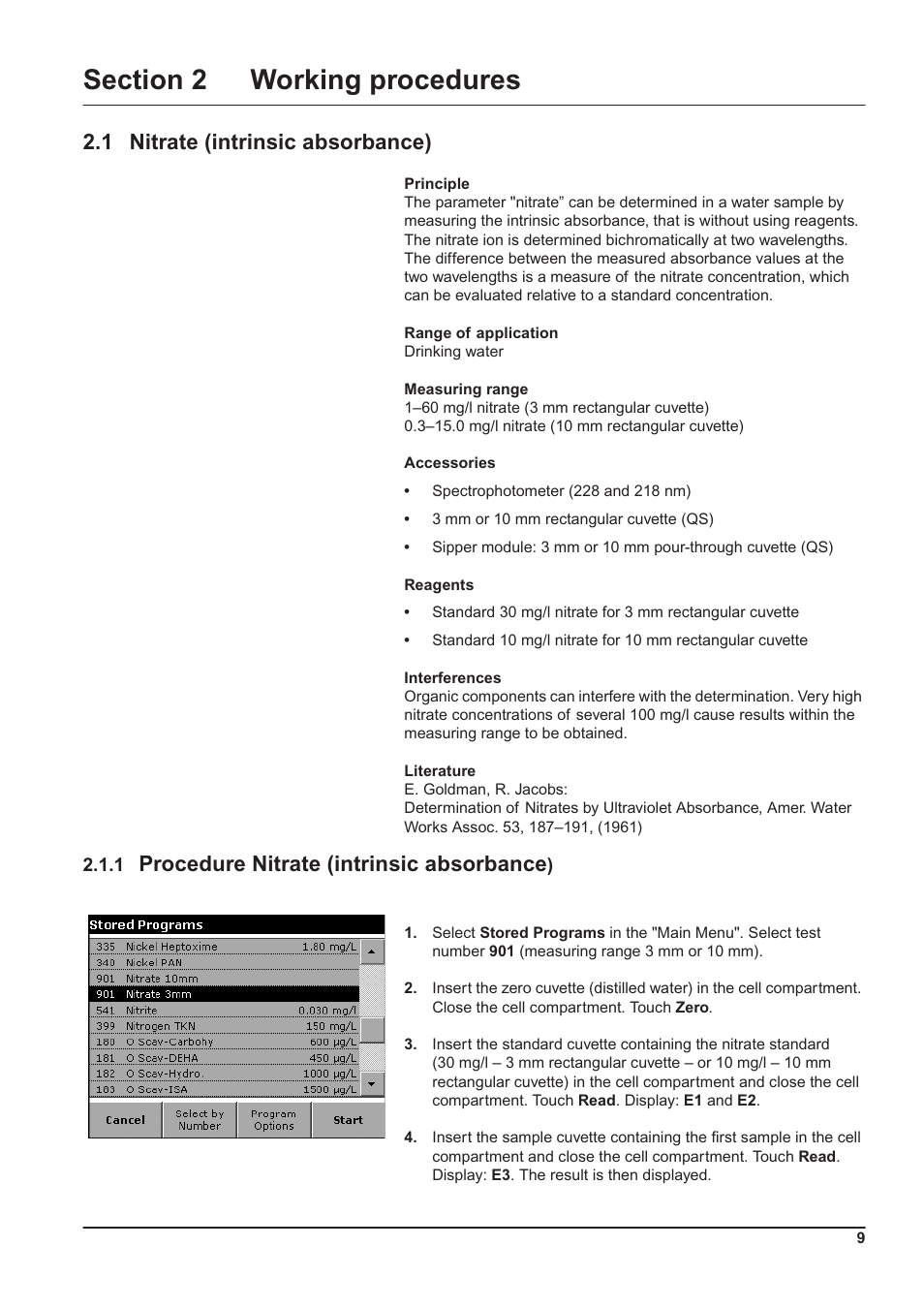 Section 2 working procedures, 1 nitrate (intrinsic absorbance), 1 procedure nitrate (intrinsic absorbance) | Procedure nitrate (intrinsic absorbance | Hach-Lange DR 5000 drinking water analysis, supplementary software LZV571 User Manual | Page 9 / 20