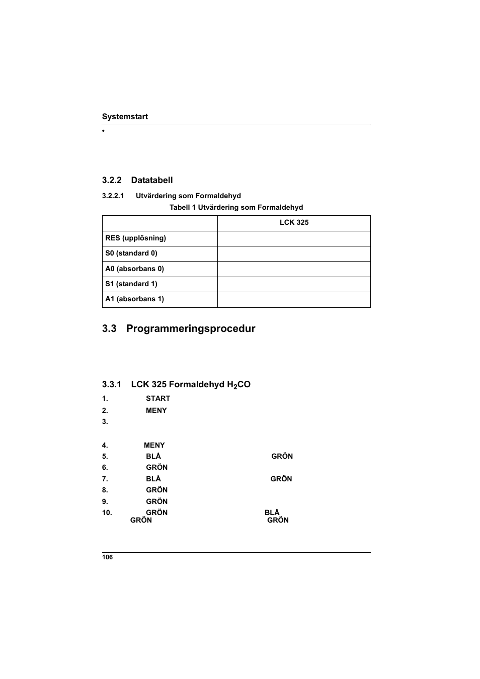 2 datatabell, 1 utvärdering som formaldehyd, Tabell 1 utvärdering som formaldehyd | 3 programmeringsprocedur, 1 lck 325 formaldehyd h2co | Hach-Lange POCKET Colorimeter II Application Instruction User Manual | Page 106 / 118