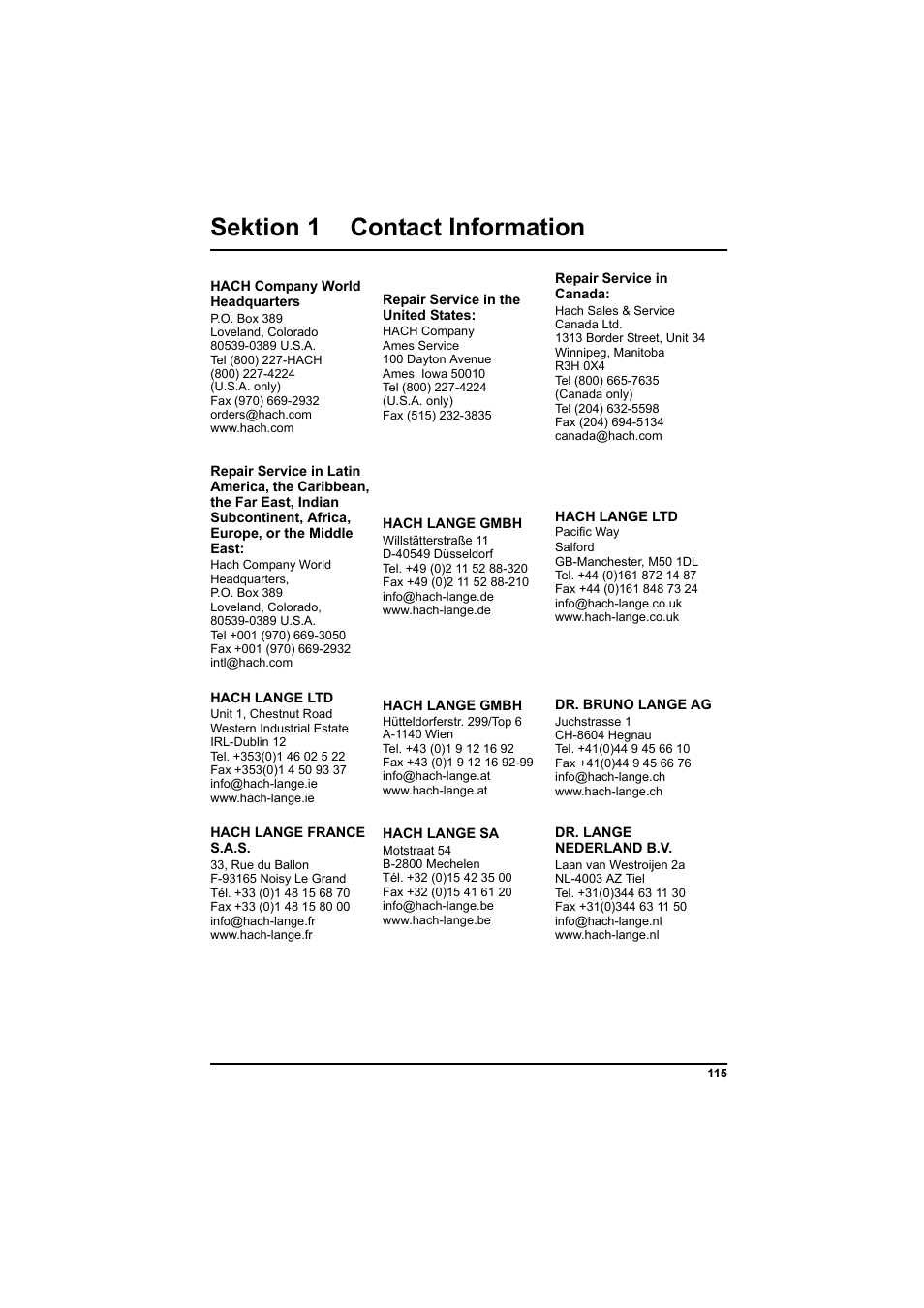 Sektion 1 contact information | Hach-Lange POCKET Colorimeter II Application Instruction User Manual | Page 115 / 118